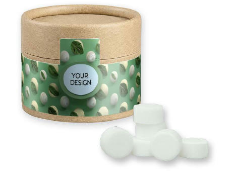 Pfefferminz Drops zuckerfrei, ca. 40g, Kraftpapierdose Mini Werbeartikel