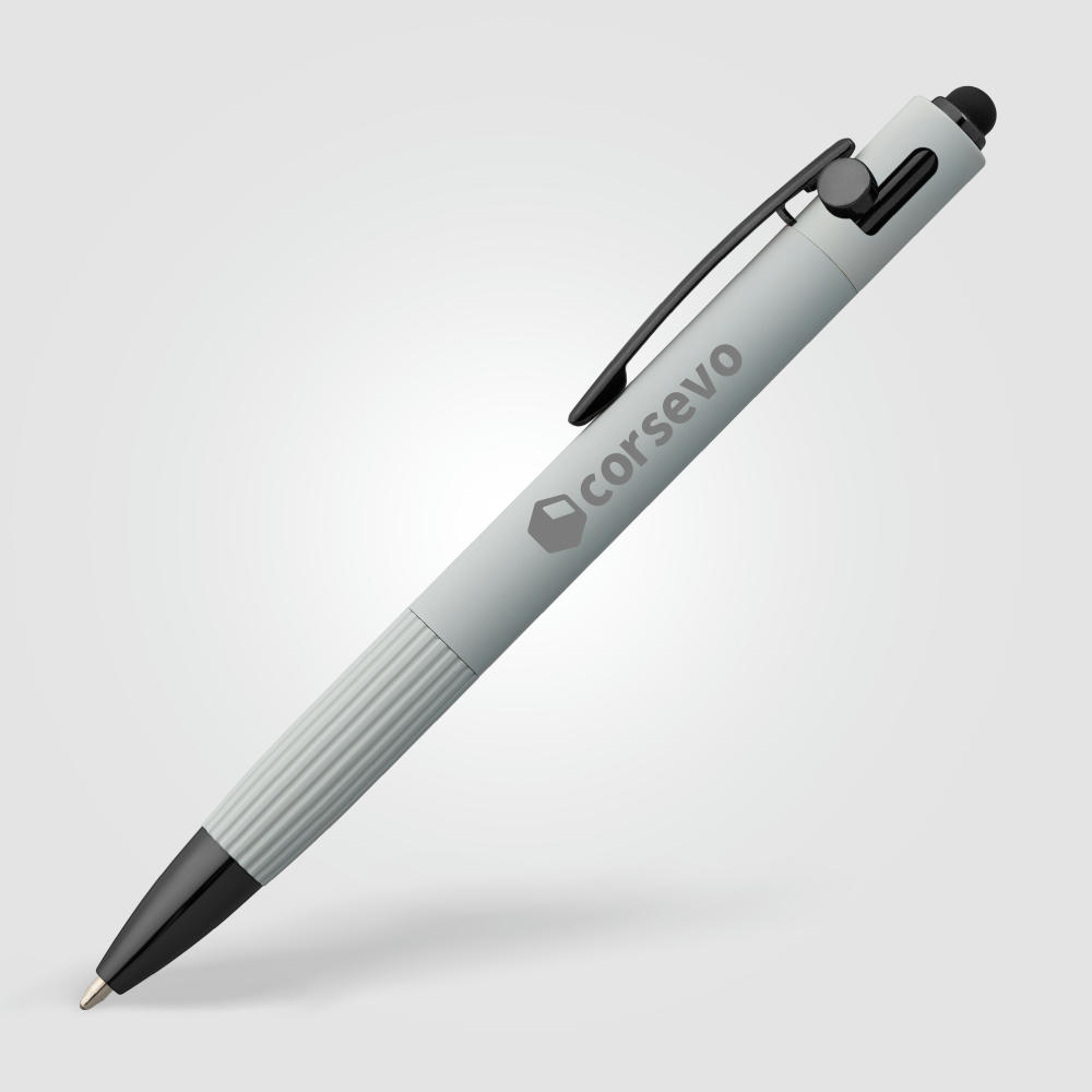 Saga Kugelschreiber mit Druckmechanismus und Stylus aus recyceltem Aluminium Werbeartikel