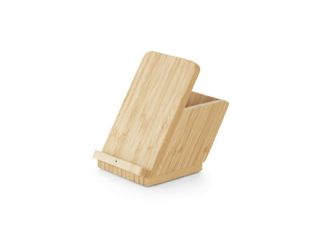 Product image LEAVITT. Smartphone- und Kugelschreiberhalter mit 10W wireless Schnellladegerät aus Bambus bedrucken
