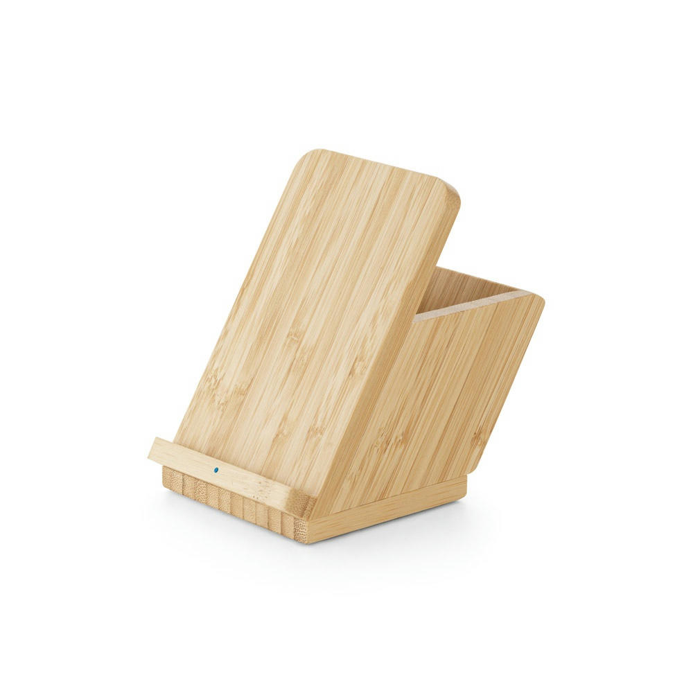 Product image LEAVITT. Smartphone- und Kugelschreiberhalter mit 10W wireless Schnellladegerät aus Bambus Werbeartikel