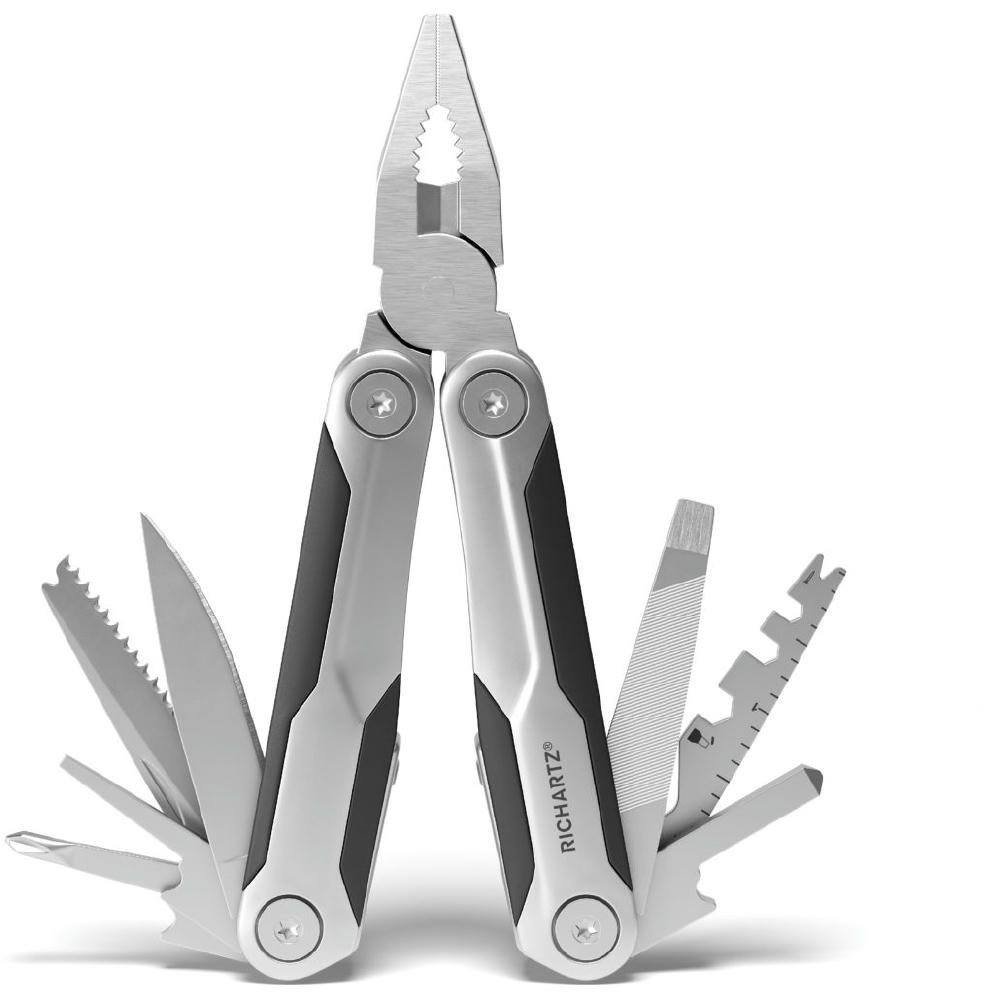 RICHARTZ NEO tool 26+: aufgeklappte Multitool-Zange mit Säge, Klinge und Schraubendrehern – Werbeartikel mit Logo