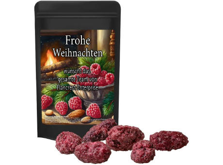 Gebrannte Mandeln Himbeere, ca. 30g, Standbeutel Mini schwarz bedrucken