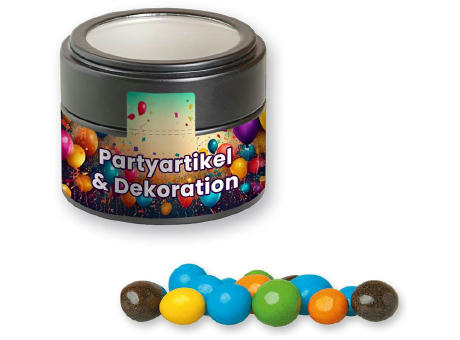Bunte Schoko Erdnüsse, ca. 70g, Metalldose Mini mit Sichtfenster schwarz Werbeartikel