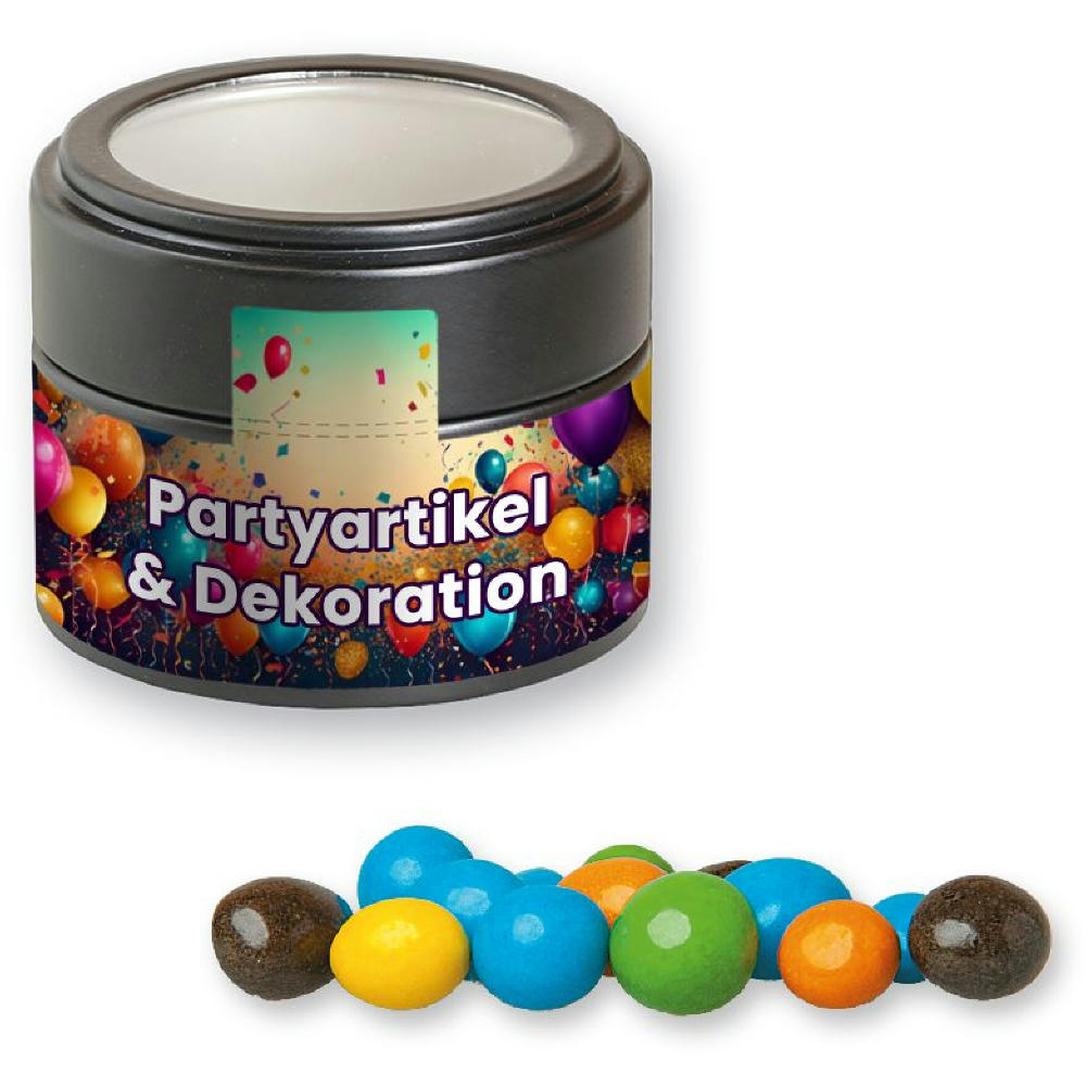 Product image Bunte Schoko Erdnüsse, ca. 70g, Metalldose Mini mit Sichtfenster schwarz Werbeartikel