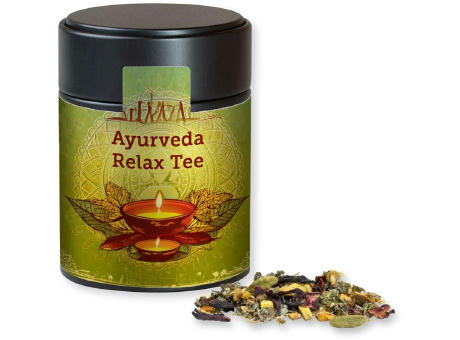 Ayurveda Relax-Tee, ca. 60g, Metalldose Midi schwarz Werbeartikel