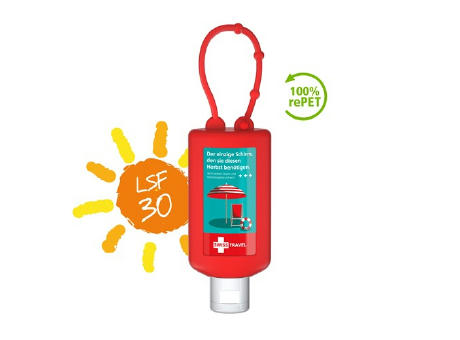 50 ml Bumper rot - Sonnenmilch LSF 30 - Body Label Werbeartikel