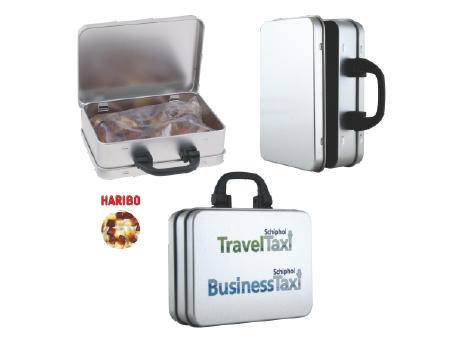 Product image Koffer-Blechdose mit ca. 150 gr. Haribo Colafläschchen Werbeartikel
