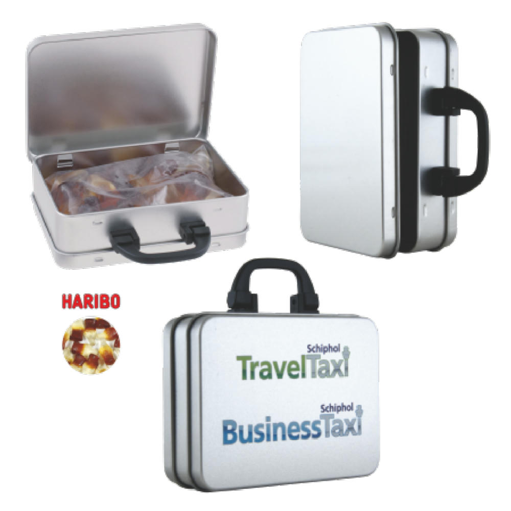 Product image Koffer-Blechdose mit ca. 150 gr. Haribo Colafläschchen Werbeartikel