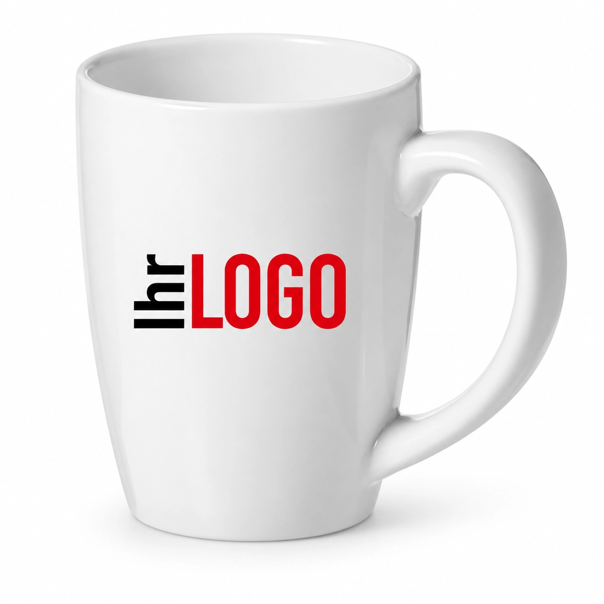 Weiße Bogota 350 ml Keramiktasse mit „Ihr Logo“-Platzhalter als bedruckbarer Werbeartikel.