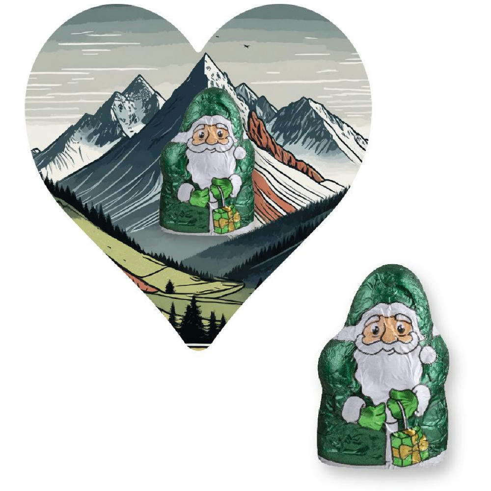 Product image Mini Schoko-Weihnachtsmänner vegan, ca. 7g, Flyer Mini Herzform Werbeartikel
