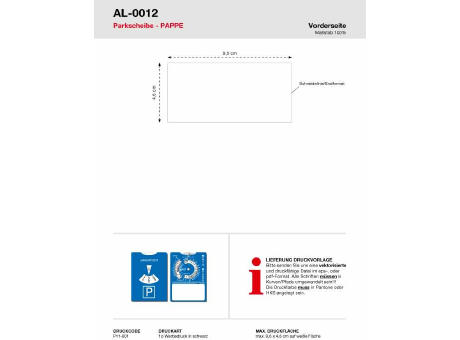 Parkscheibe Pappe mit Benzinrechner incl. 1c Druck Werbeartikel