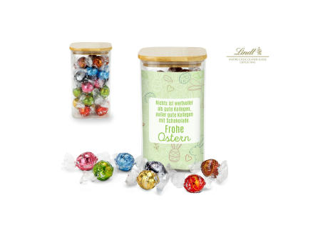 Geschenkset / Präsenteset: Lindor Team-Glas Frohe Ostern mit 35 Lindt Lindorkugeln bedrucken