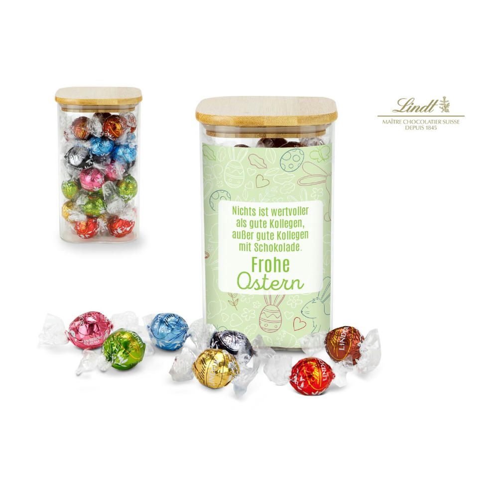 Product image Geschenkset / Präsenteset: Lindor Team-Glas Frohe Ostern mit 35 Lindt Lindorkugeln Werbeartikel