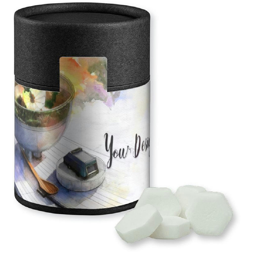 Product image Traubenzucker Orange Drops, ca. 80g, Kraftpapierdose Midi schwarz Werbeartikel