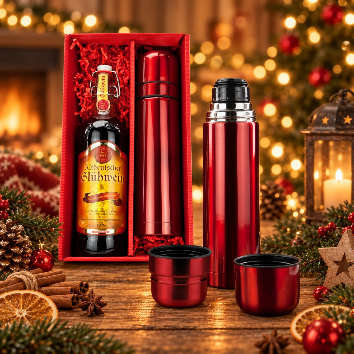 Geschenkset Roter Glühweinduft mit Glühwein und roter Thermoskanne als weihnachtliches Kundengeschenk