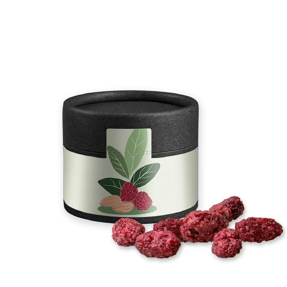 Product image Gebrannte Mandeln Himbeere, ca. 40g, Kraftpapierdose Mini schwarz Werbeartikel