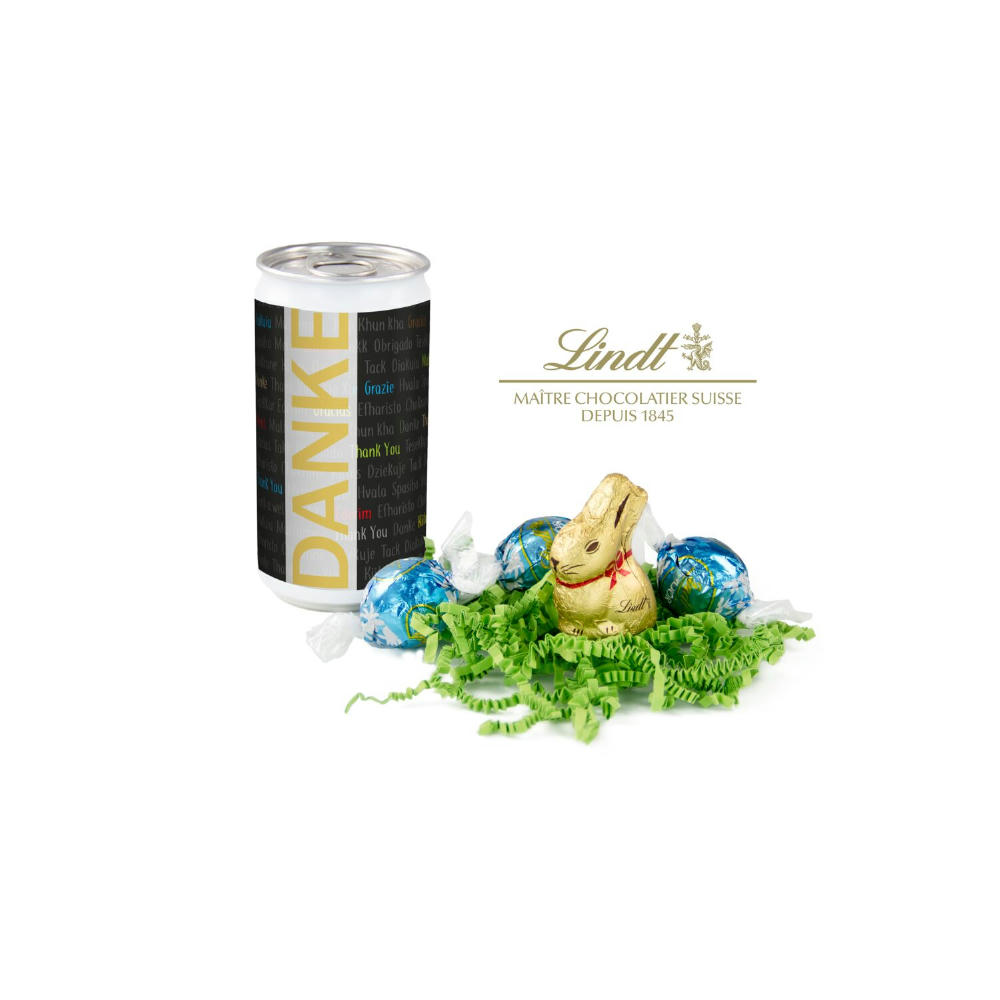 Product image Geschenkartikel / Präsentartikel: Lindt-Oster-Überraschung, Das Nest in der Dose - Etikett Danke Werbeartikel