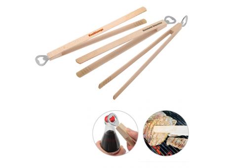 Grillzange Holz mit Flaschenöffner Werbeartikel