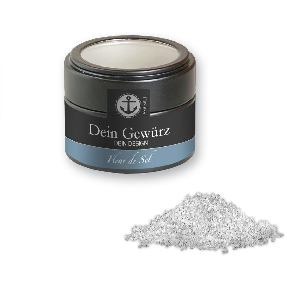Fleur de Sel, ca. 50g, Metalldose Mini mit Sichtfenster schwarz Werbeartikel