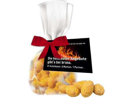Erdnüsse Barbecue, ca. 25g, Express Flachbeutel mit Schleife mit Werbekarte Werbeartikel