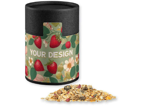 Müsli Erdbeerchen, ca. 60g, Kraftpapierdose Midi schwarz Werbeartikel