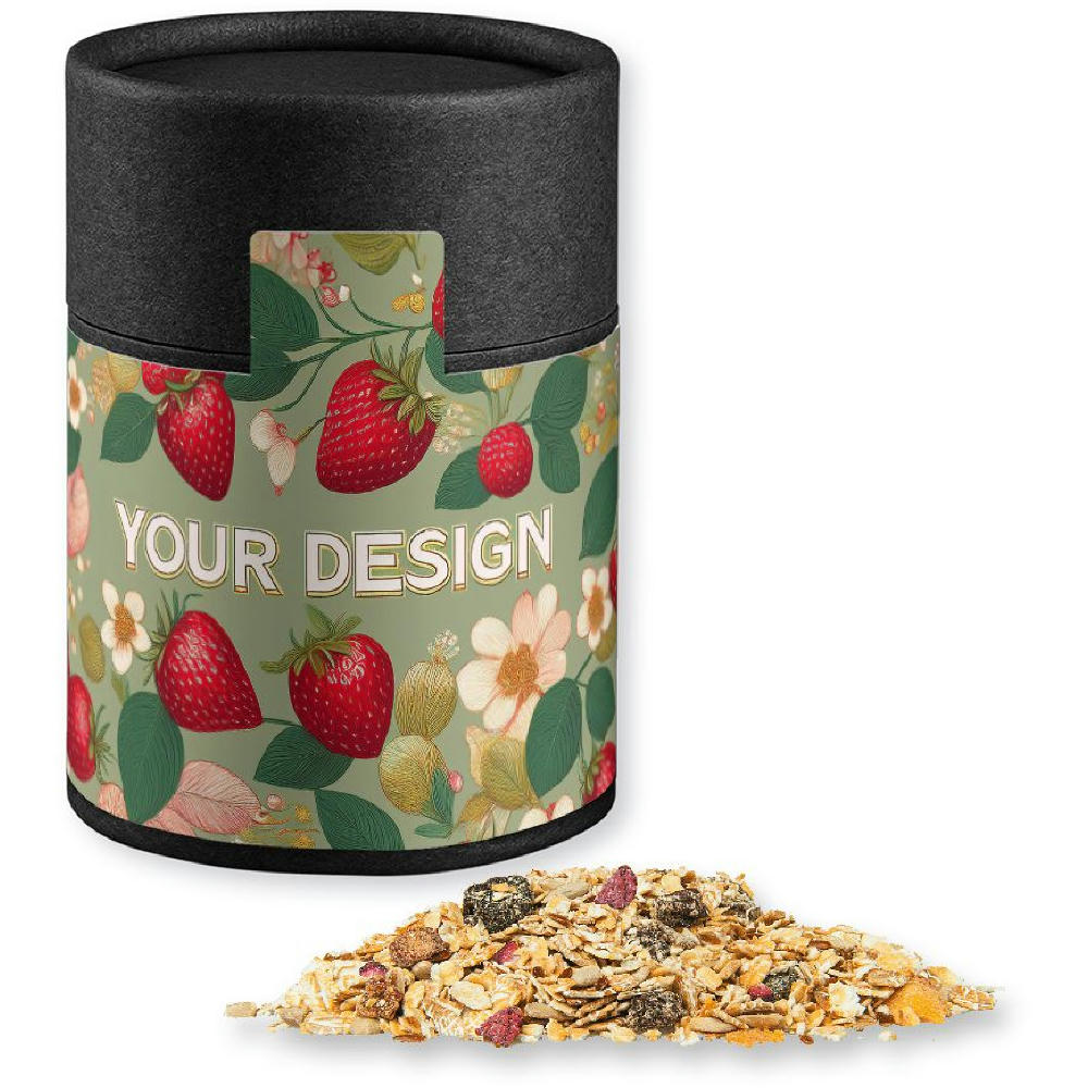 Product image Müsli Erdbeerchen, ca. 60g, Kraftpapierdose Midi schwarz Werbeartikel