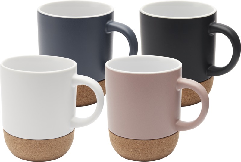 Billie 300 ml Keramiktasse mit Korkdetails mit Logo bedrucken – Werbetasse Büro Promotion 4 Farben erhältlich