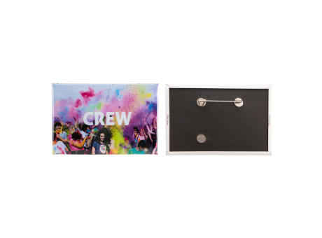 Product image Metallbutton 78x53mm rechteckig Hinterseite mit horizontaler Nadel Werbeartikel