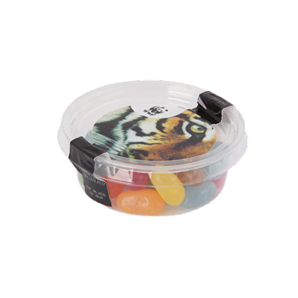 Product image Transparenter biologisch abbaubarer Becher mit separatem Deckerl, Füllung 40 gr. Schokocarletties und Jelly Beans Werbeartikel
