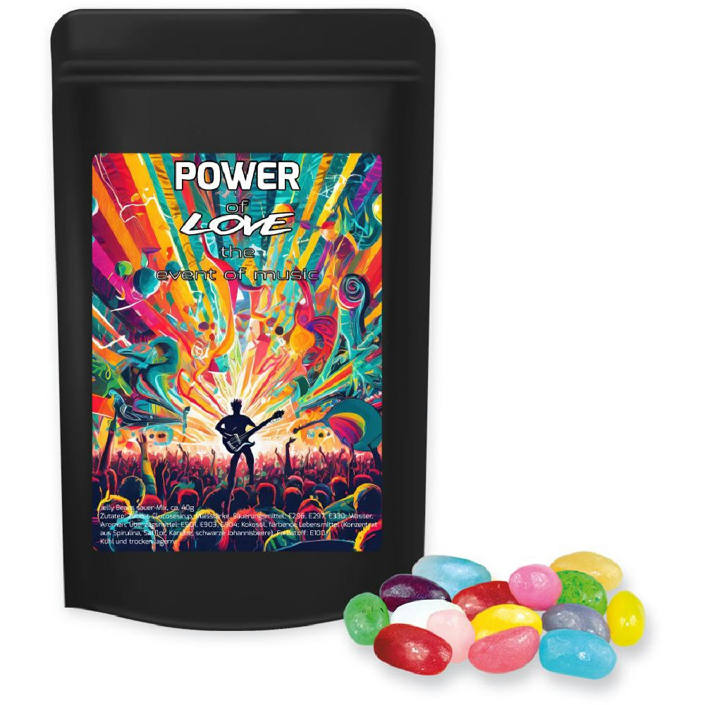 Product image Jelly Beans sauer-Mix, ca. 100g, Standbeutel Midi schwarz Werbeartikel