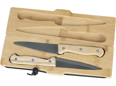 CUT Praktisches Bambus-Schneidebrett mit zwei Messern für unterwegs Werbeartikel