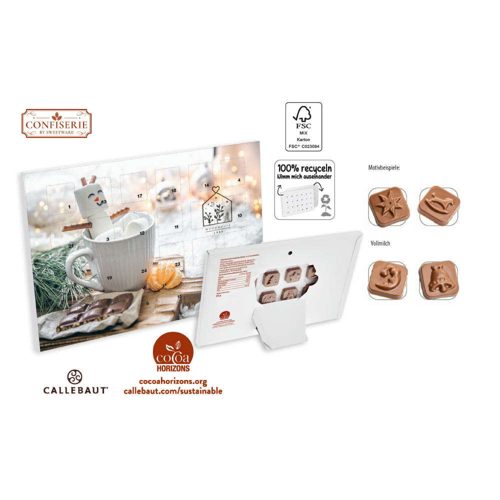 Product image Tisch-Adventskalender mit Logo bedruckt, gefüllt mit 60g Callebaut Edel-Vollmilch Schokolade