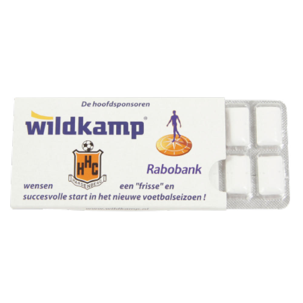 Kaugummi mit Xylitol 12 Stück in bedruckter Papphülle inkl. 4-C Druck Werbeartikel