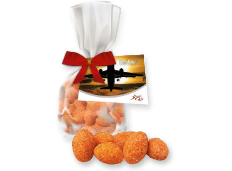 Erdnüsse Chili, ca. 25g, Express Flachbeutel mit Schleife mit Werbekarte Werbeartikel