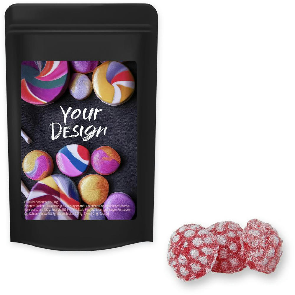 Product image Himbeer Bonbons, ca. 80g, Standbeutel Midi schwarz Werbeartikel