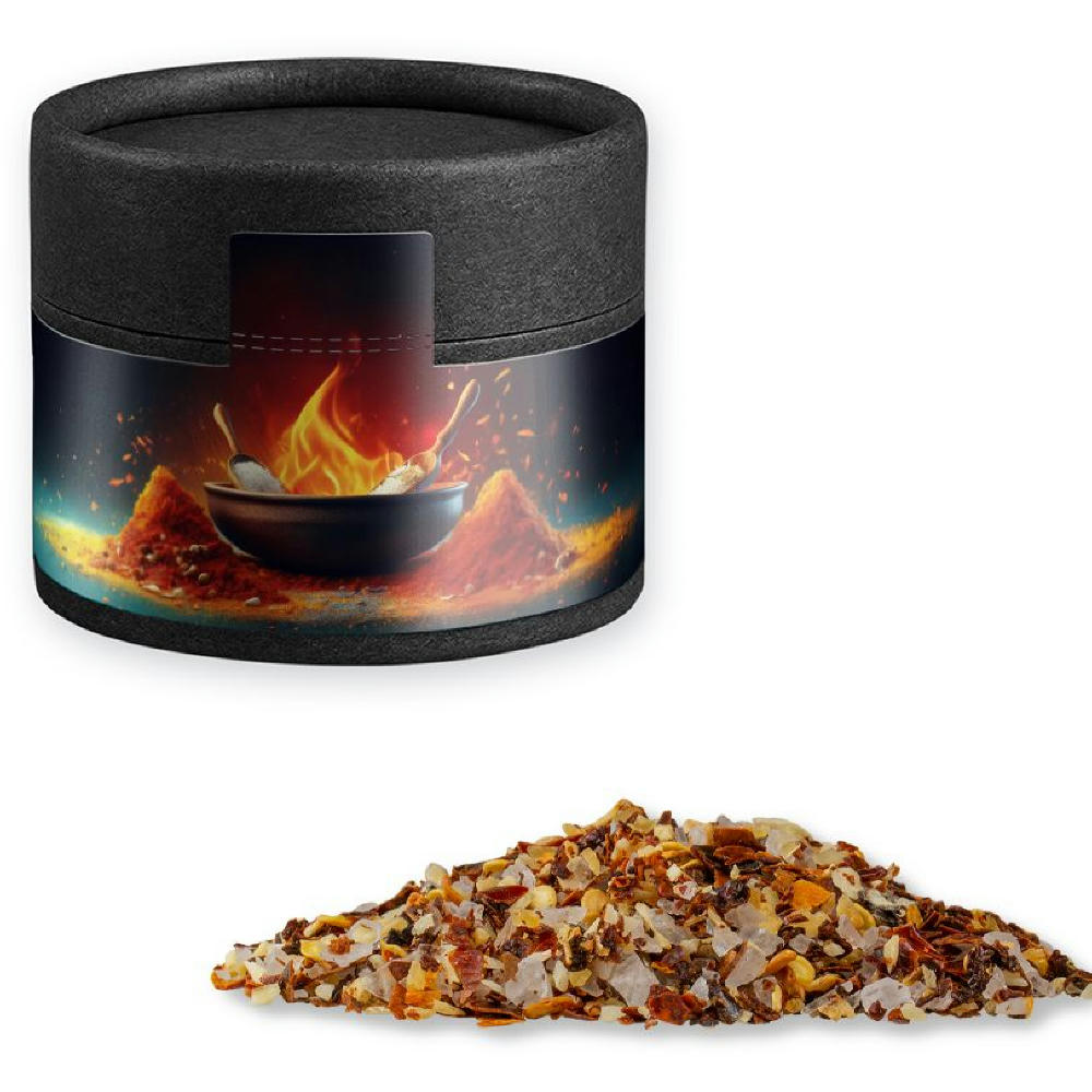 Gewürzmischung Feuer und Flamme, ca. 40g, Kraftpapierdose Mini schwarz Werbeartikel
