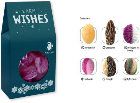 Beutelschachtel mit Weihnachtsbonbons,   60 g, Inhalt: Bonbon Bratapfel bedrucken