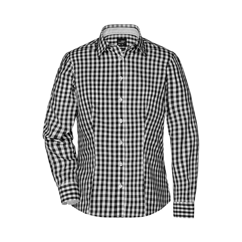 Ladies' Checked Blouse - Modisches Karoshirt mit Uni-Einsätzen an Kragen und Manschette Werbeartikel