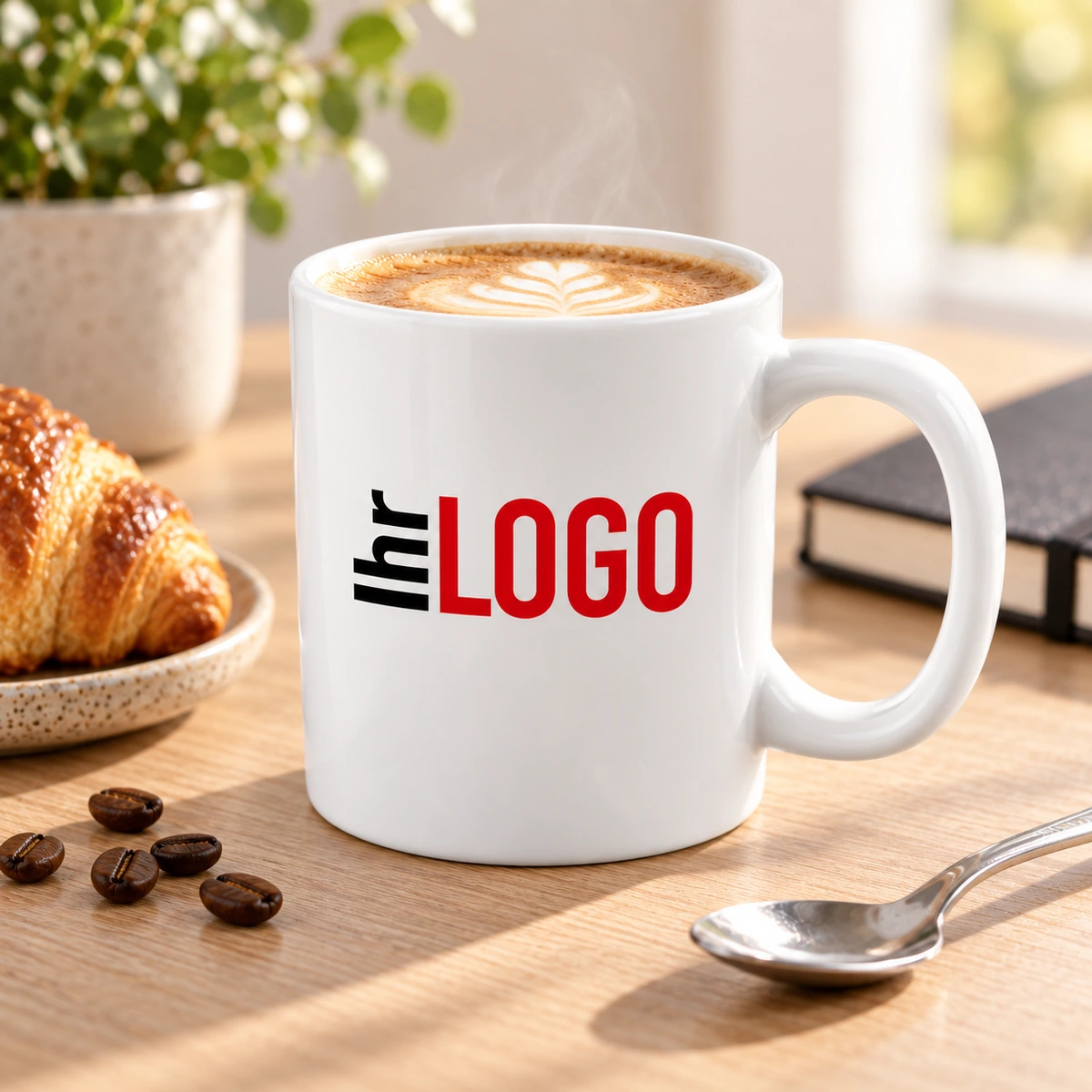 Bahia 330 ml Keramiktasse Bahia 330 ml Keramiktasse in Weiß mit „Ihr Logo“ in einer hellen Kaffeeszene als Werbetasse für Kunden und Mitarbeiter.