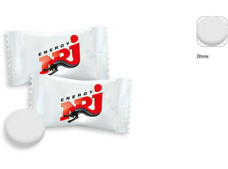 Traubenzucker Rund Flowpack,   1 Stück, Inhalt: Traubenzucker Rund Zitrone vegan Werbeartikel