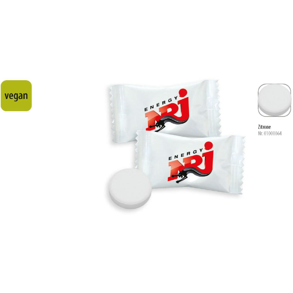 Product image Traubenzucker Rund Flowpack, 1 Stück, Inhalt: Traubenzucker Rund Zitrone vegan Werbeartikel