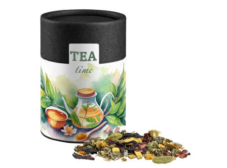 Ayurveda Relax-Tee, ca. 50g, Kraftpapierdose Midi schwarz Werbeartikel