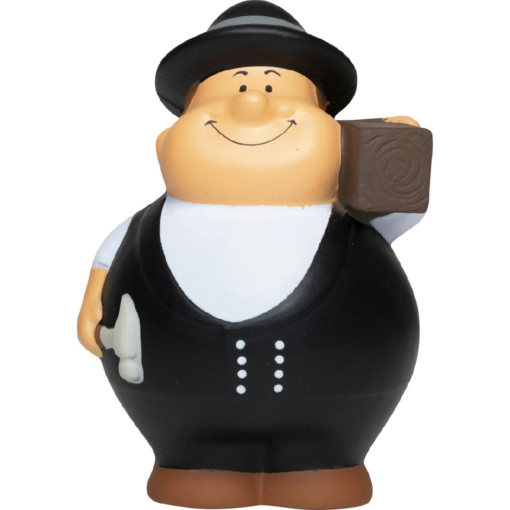 Product image Zimmermann Bert in schwarzer Zunftkluft mit Hut und Holzbalken – Anti-Stress-Figur als Werbeartikel für Zimmereien
