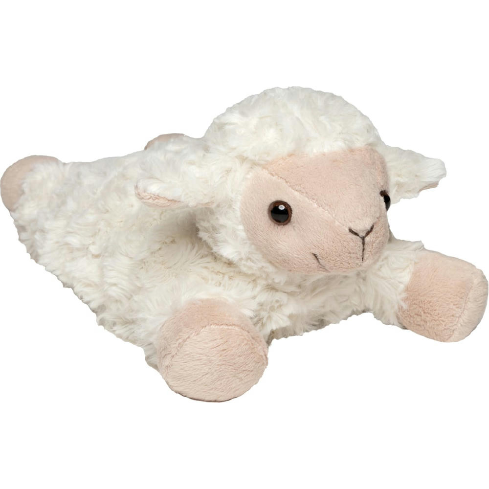 Liegendes Plüsch-Schaf mit weichem Fell als Hülle für ein Wärmekissen – Kuscheltier mit Logo
