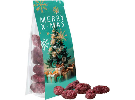 Product image Gebrannte Mandeln Himbeere, ca. 40g, Express Blockbodenbeutel mit Werbereiter bedrucken