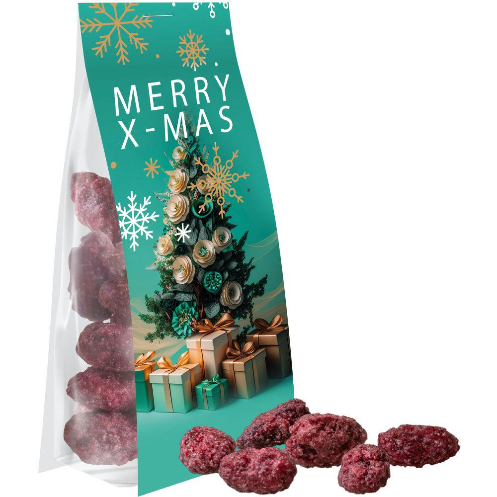 Product image Gebrannte Mandeln Himbeere, ca. 40g, Express Blockbodenbeutel mit Werbereiter Werbeartikel