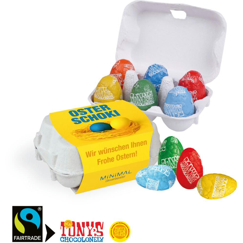 Product image SCHOKO-EIER 6ER MIT TONY´S SCHOKOLADE Werbeartikel