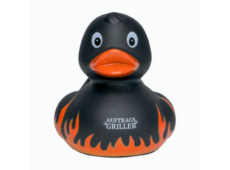 Quietsche-Ente Flammen mit Slogan Auftragsgriller Werbeartikel