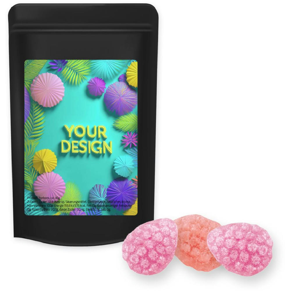 Product image Erdbeer Chili Bonbons, ca. 80g, Standbeutel Midi schwarz Werbeartikel
