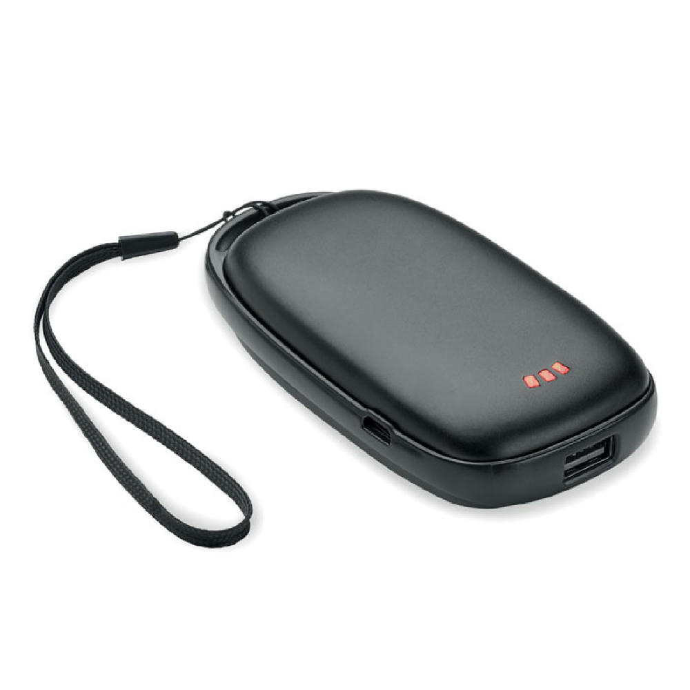 Product image Schwarzer Handwärmer mit Powerbank 4000 mAh, USB-Anschluss und Handschlaufe – Handwärmer zum Bedrucken